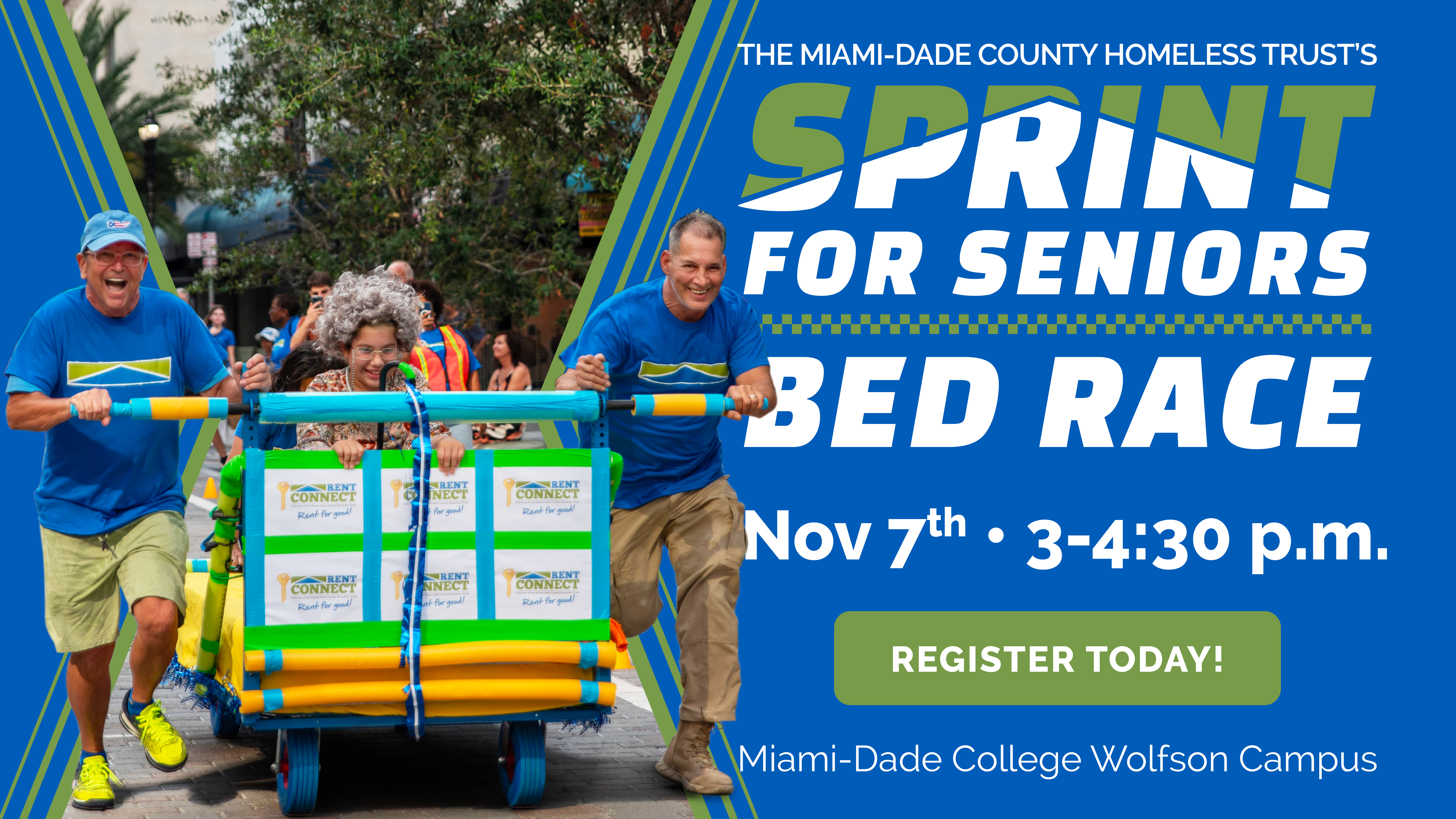 People racing a decorated bed at the Sprint for Seniors event.